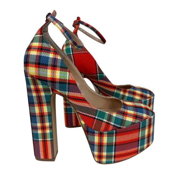 Steve Madden Skyscraper Red Multicolored Plaid Platform Heels 6 - Picture 3 of 6